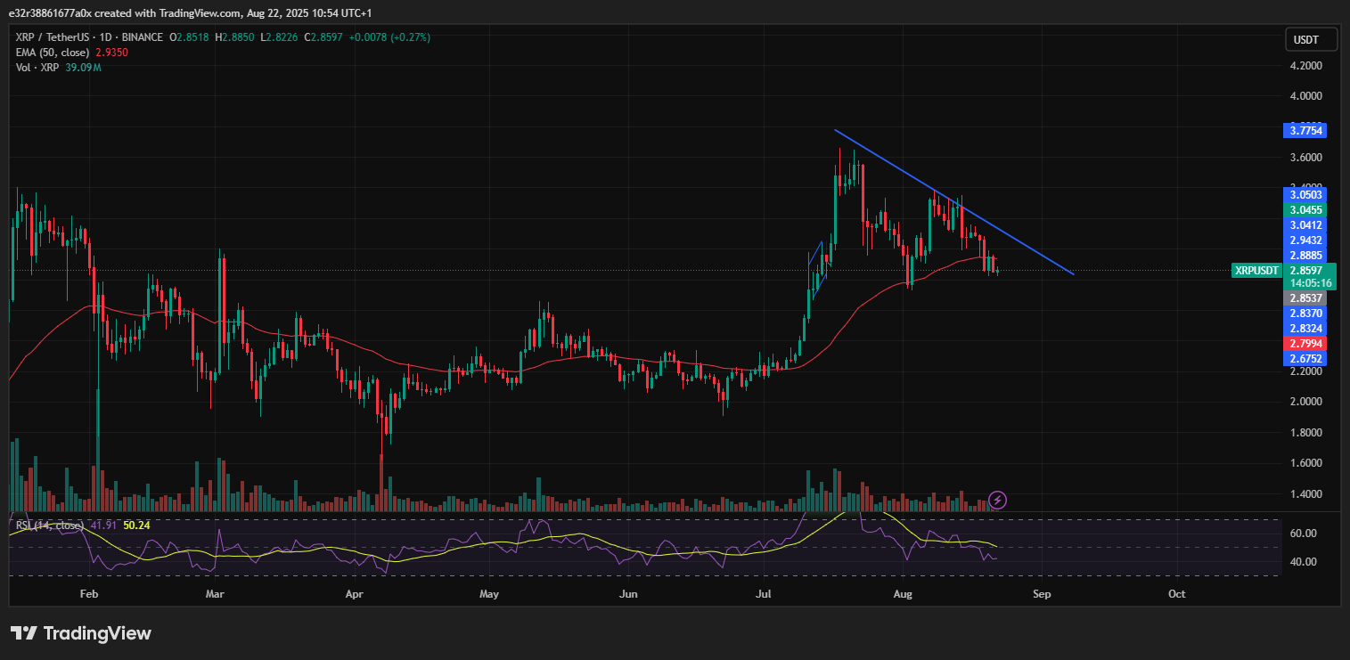 RSI اور 50-day EMA کے ساتھ XRP کے لیے موجودہ قیمت کا آؤٹ لک | ماخذ: ایکس