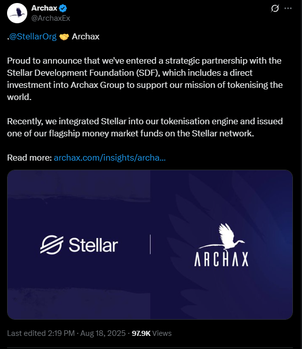 Stellar partners up with Archax for RWA tokenisation | Source: X
