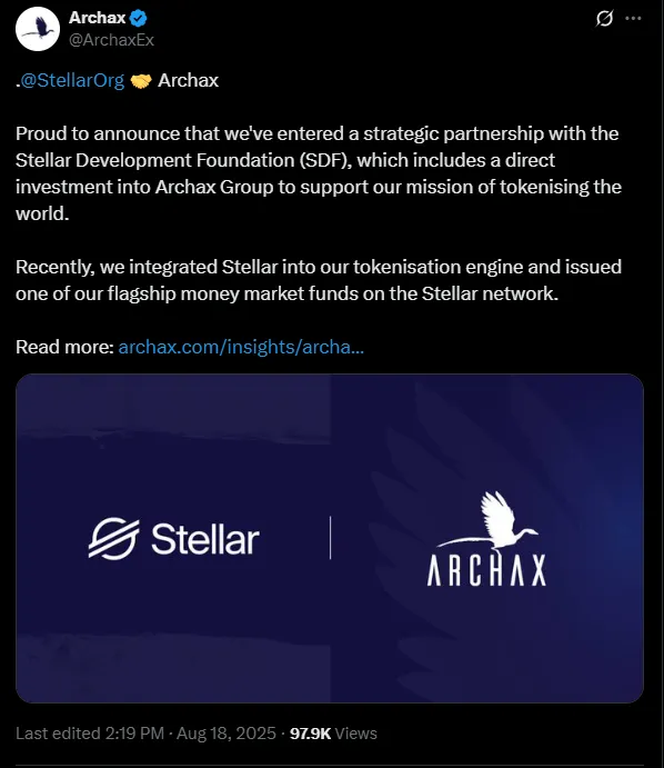 Stellar partners up with Archax for RWA tokenisation | Source: X
