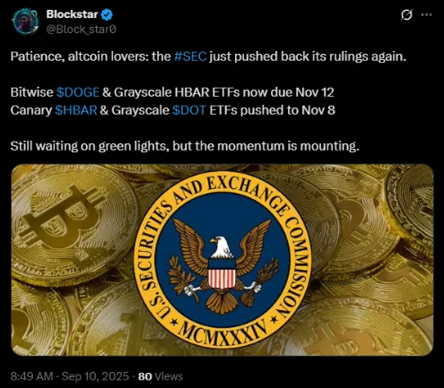 The SEC recently pushed back its rulings on several ETF offerings | Source: X